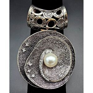 Vintage GB Silver Tone Statement Pendant Faux Pearl Rhinestone Signed